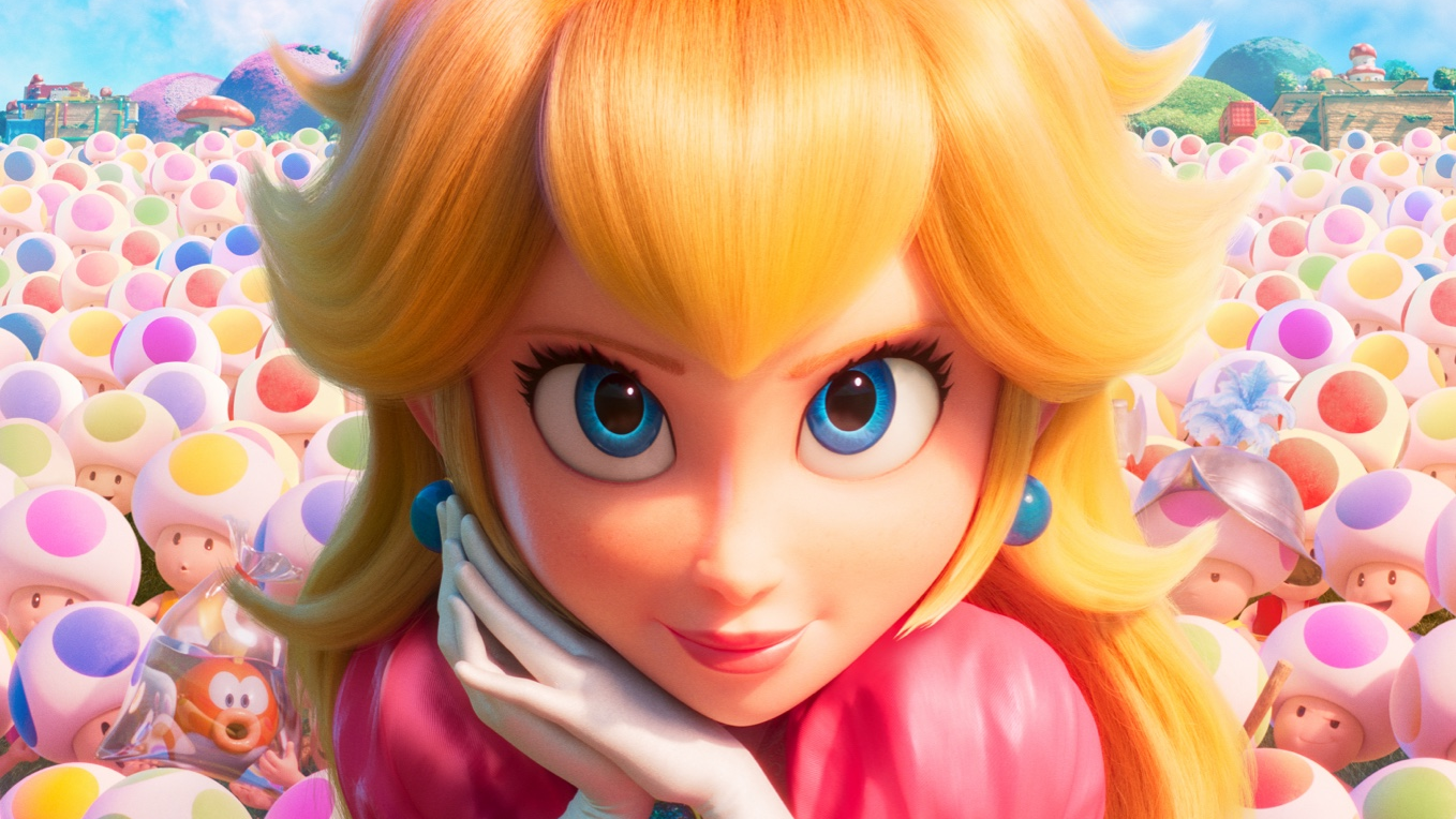 Close-up of a poster for The Super Mario Bros. Movie featuring Princess Peach, hands gently clasped together and resting next to her right cheek, looking up at the viewer with a smile as the background is filled with Toads of all colors.