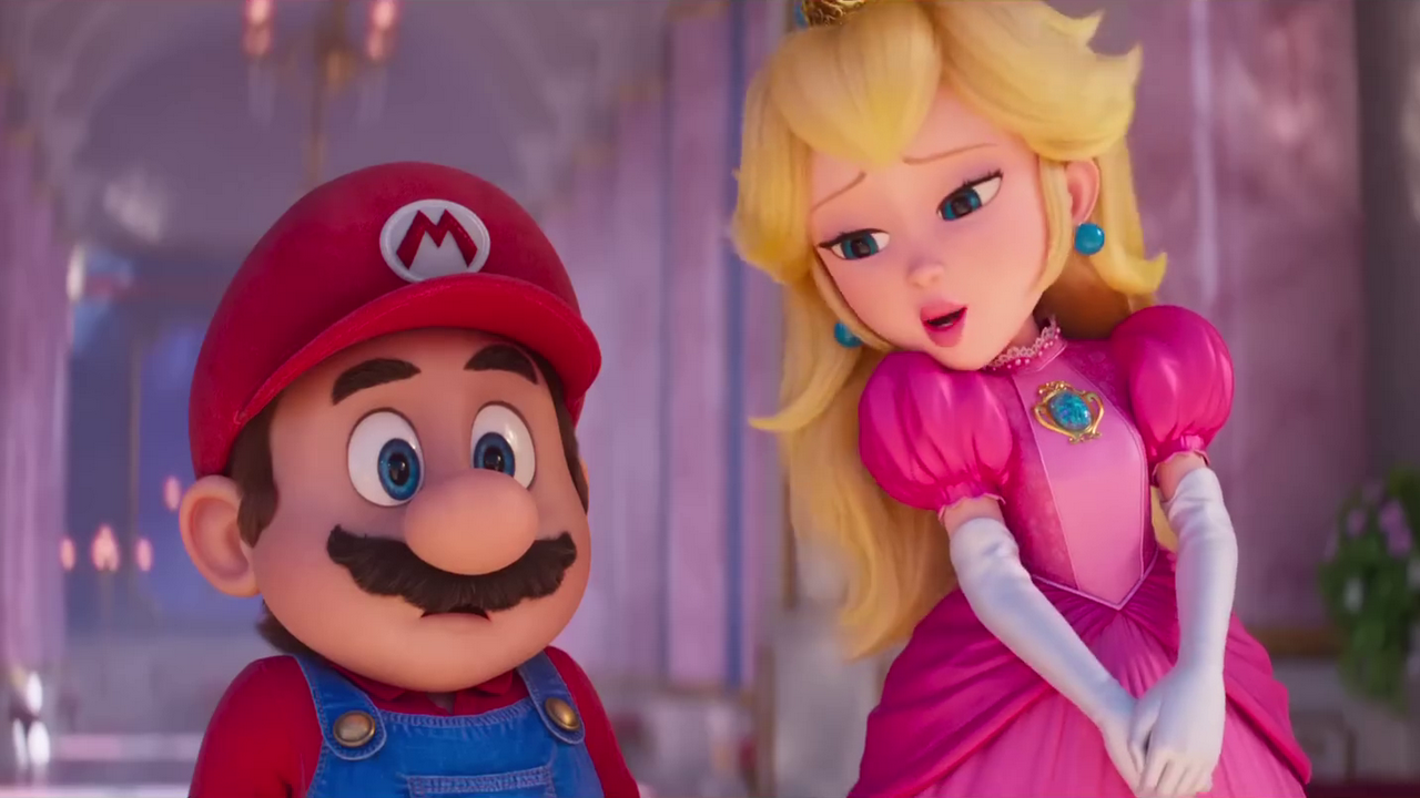 Peach leaning over to Mario and casually remarking, “No pressure~” while Mario looks immensely pressured.
