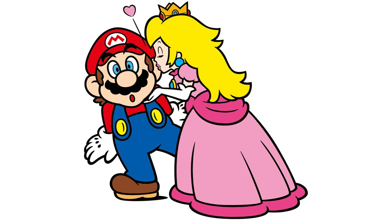 Princess Peach planting a kiss on Mario’s… ear? While cradling his cheek softly. Mario’s leaning slightly and looking surprised, while Peach’s kiss has a line that leads to a loving pink heart.