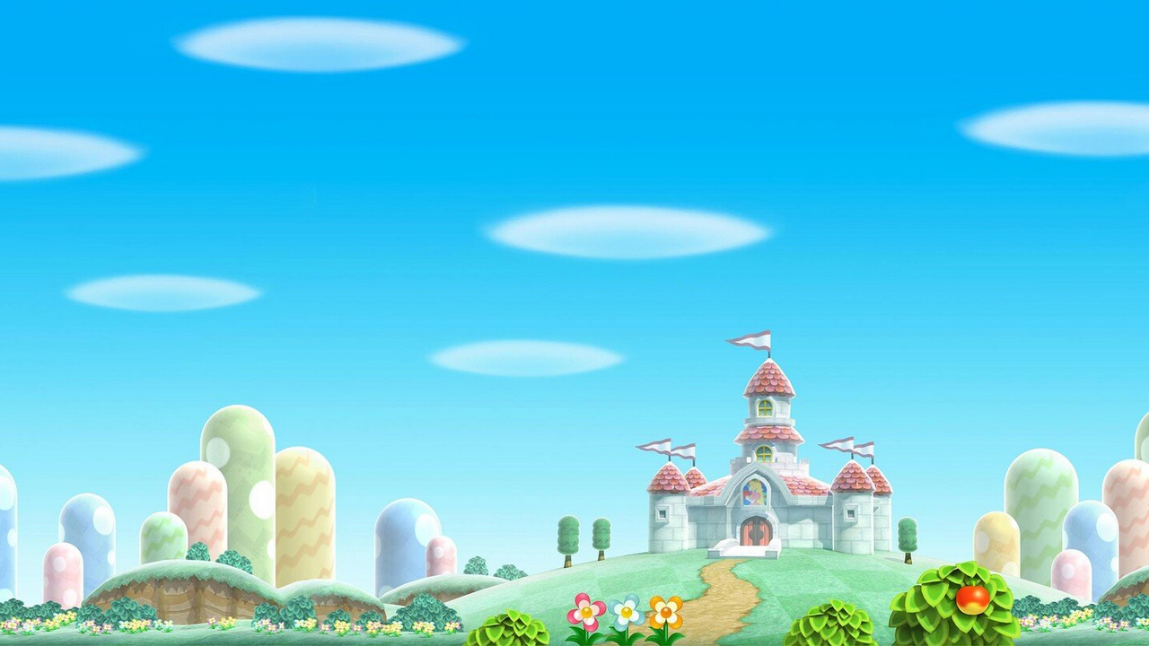 Calm and unassuming day in the Mushroom Kingdom, where grass is green and skies are blue. Mushroom Castle can be seen in the distance, among multi-colored hills.
