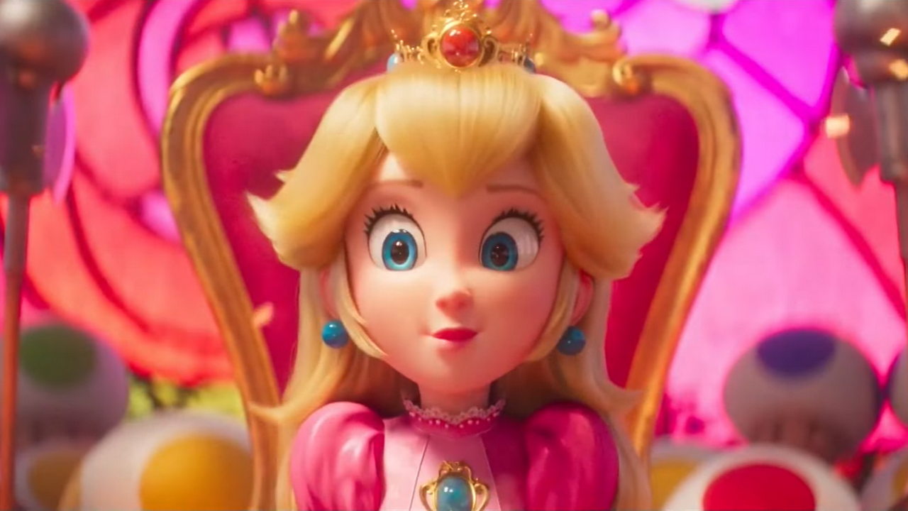 Peach from The Super Mario Bros. Movie, sitting on a throne, having been crowned princess of the Mushroom Kingdom.