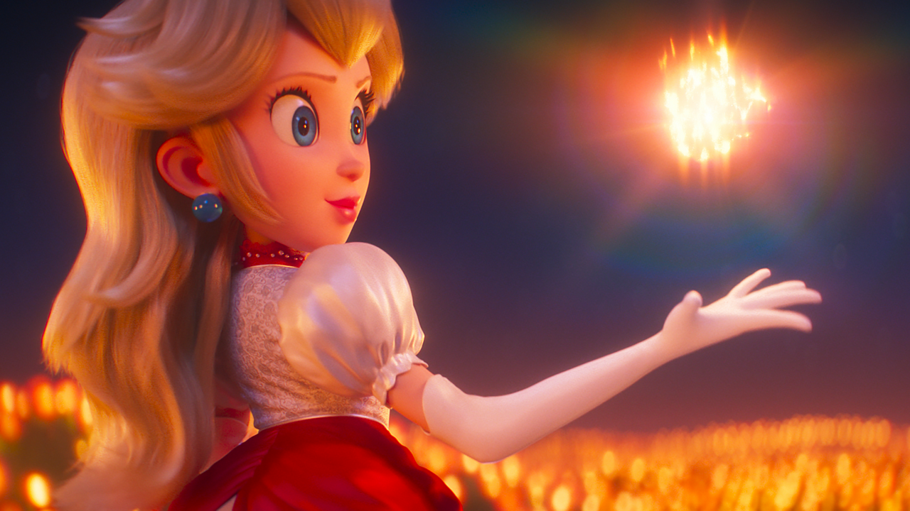 Princess Peach with fire power, changing her pink dress into a red and white dress, conjuring a fireball and levitating it above her hand.