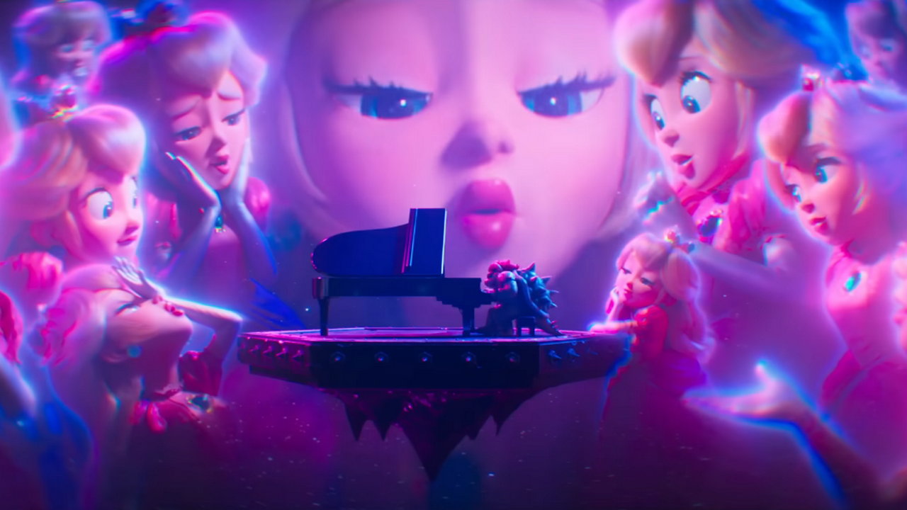 Still from The Super Mario Bros. Movie, in which Bowser is at his piano playing his song “Peaches” to an audience of fawning imaginary Princess Peaches. The Peaches are alternately swooning, admiring, and blowing kisses to him.
