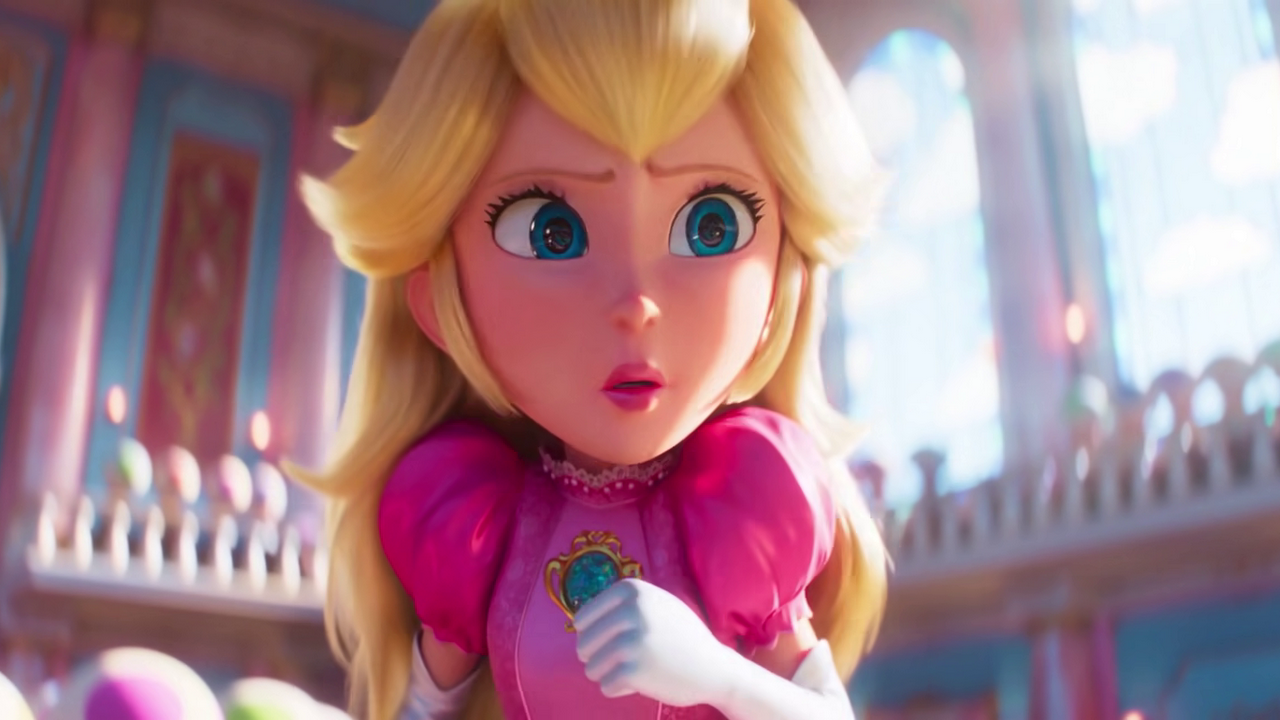 Still of Peach from the film, mid-sentence, looking uneasy.