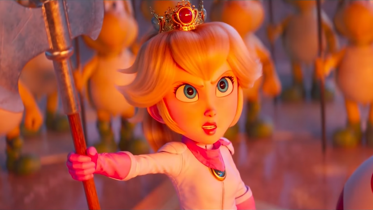 Princess Peach with her halberd, the glow of lava hitting her determined face, as she bravely stares down King Bowser.
