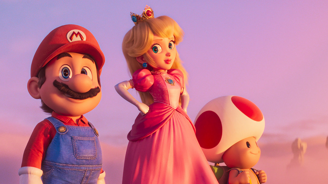 Peach with Mario & Toad, looking out at a sunset in the Mushroom Kingdom. Mario and Toad are taking in the view while Peach looks into the camera with her balled-up fists on her hips in a sort of “Superman” pose. Like a Super Princess Peach, I guess!