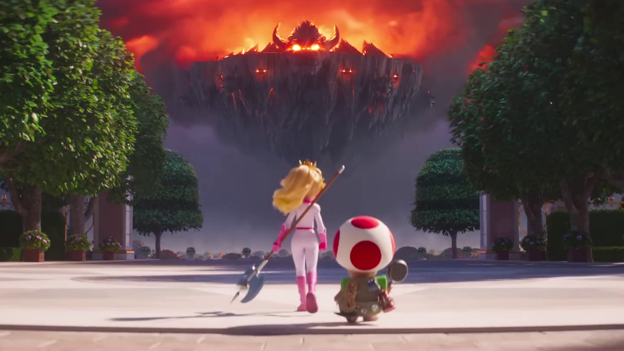 Princess Peach with Toad, wearing her white and pink track suit from Mario Kart while wielding a badass halberd, walking toward The Darklands as it ominously approaches The Mushroom Kingdom.
