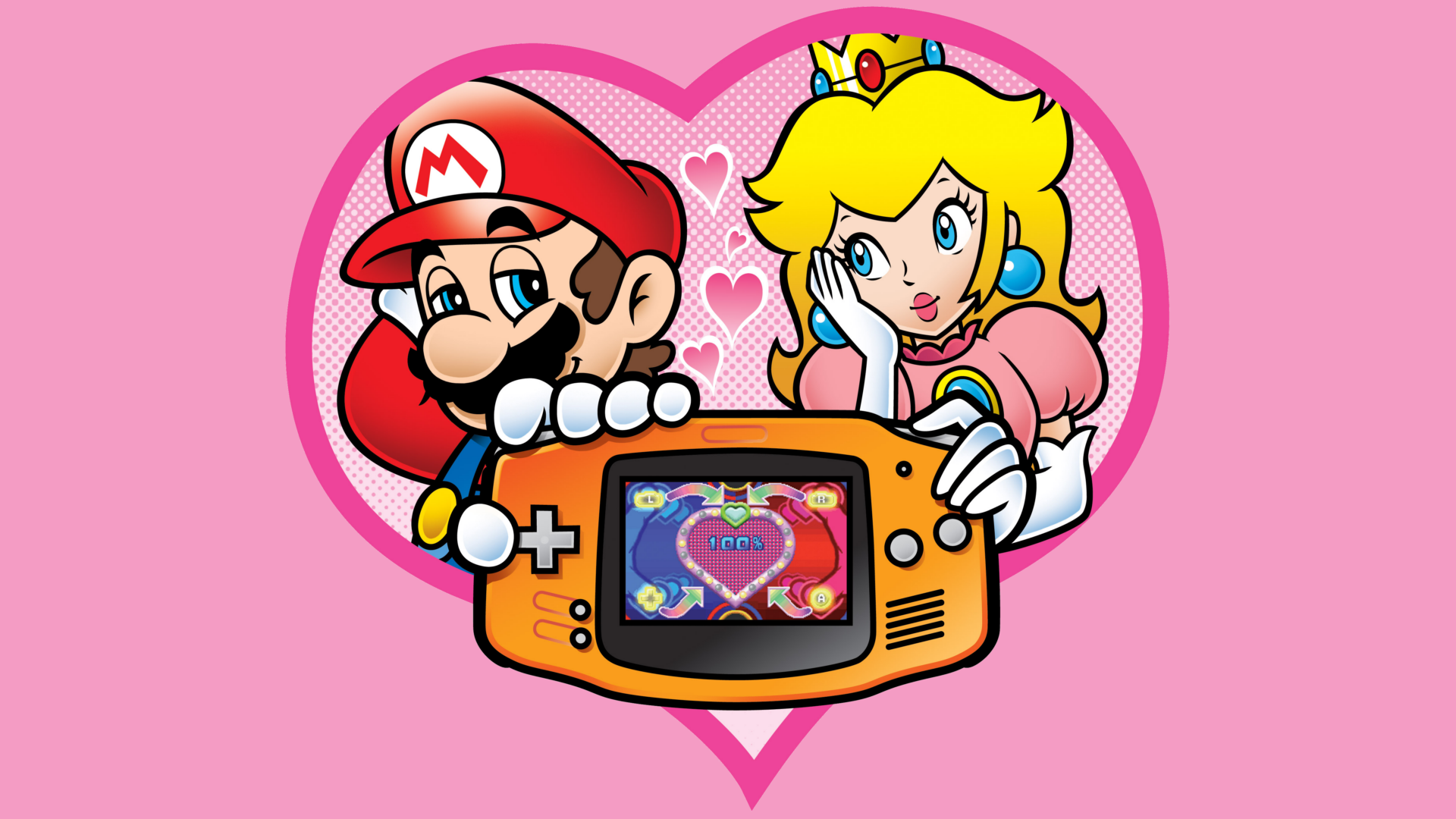 Mario and Peach, looking lovey-dovey together while holding an orange Game Boy Advance that shows they have 100% compatibility.