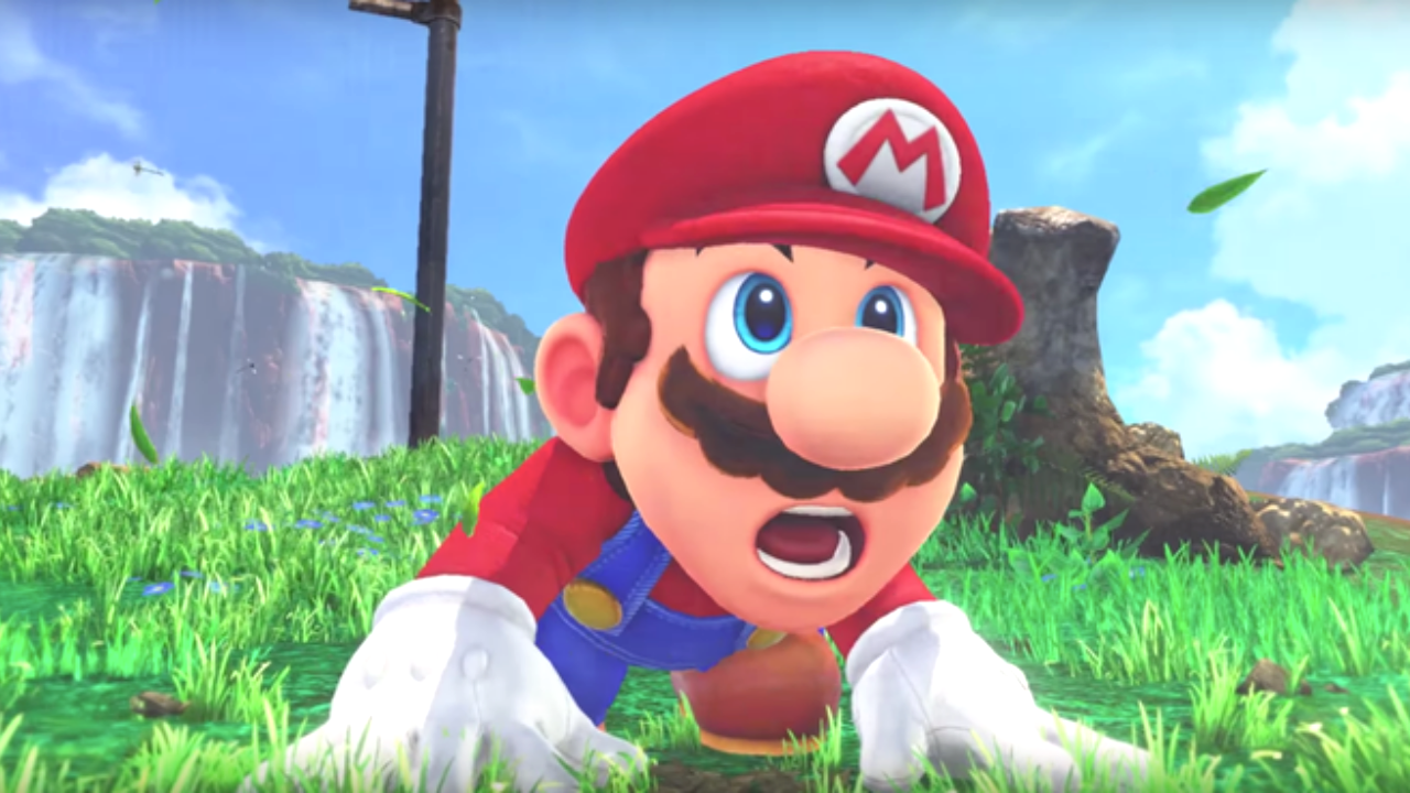 Mario from Super Mario Odyssey, having just plucked his face from the ground, looking disheveled and surprised.