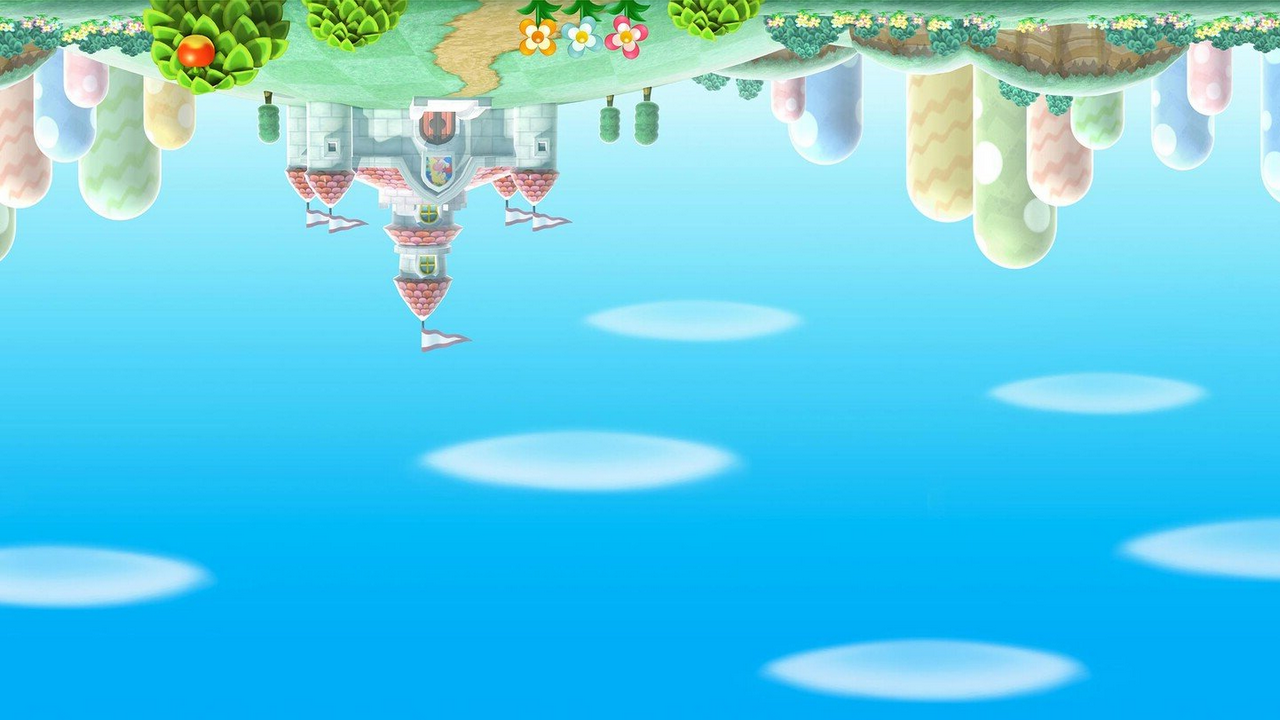 The same image of an ordinary day in the Mushroom Kingdom as before, except it has been rotated 180 degrees so everything is now upside down.