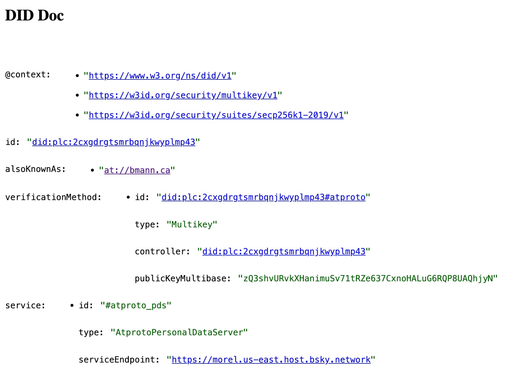 Screenshot of atproto-browser displaying the DID Doc portion of my @bmann.ca account