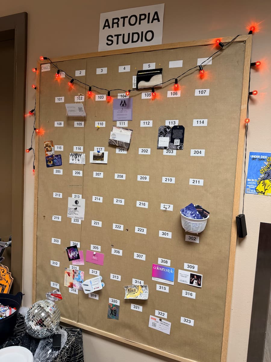 Studio board of the different spaces and info about the people in them.
