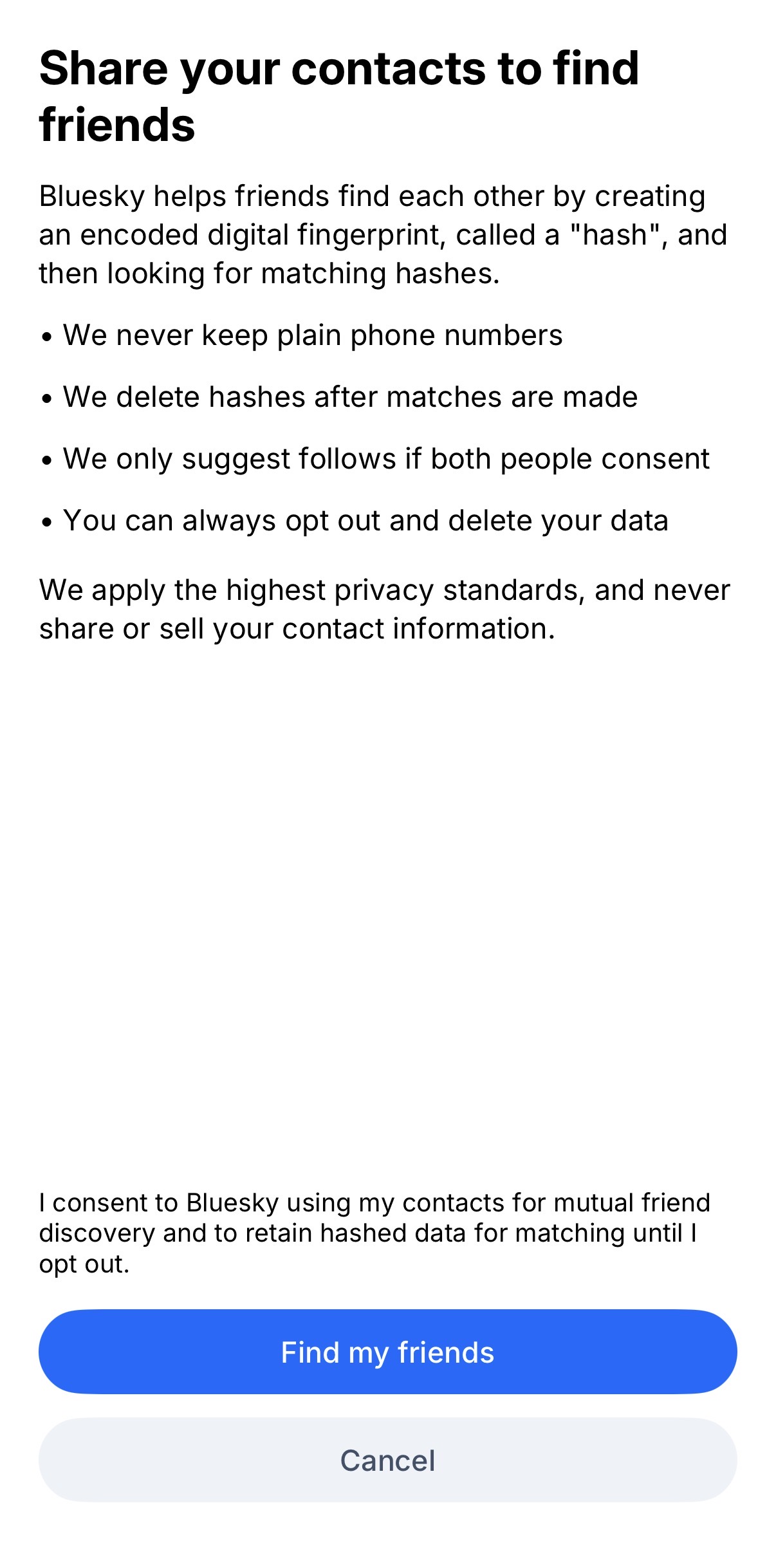 Screenshot: Share your contacts to find friends.

See next text block for rest of text.