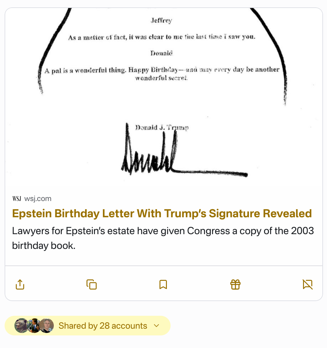 A screenshot from Sill showing a link card from wsj.com. The title of the link is Epstein Birthday Letter With Trump's Signature Revealed. The description is "Lawyers for Epstein's estate have given Congress a copy of the 2003 birthday book." Below the link card, Sill shows that the link was shared by 28 accounts.