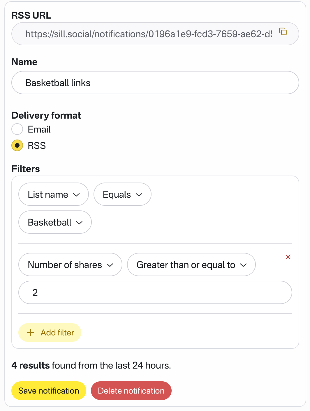 A screenshot from Sill's notification configuration screen. The notification group is called "Basketball links". It is configured to be delivered via RSS. The filters are that the list name equals basketball, and the number of shares is greater than or equal to 2. 4 results from this configuration were found in the last 24 hours.