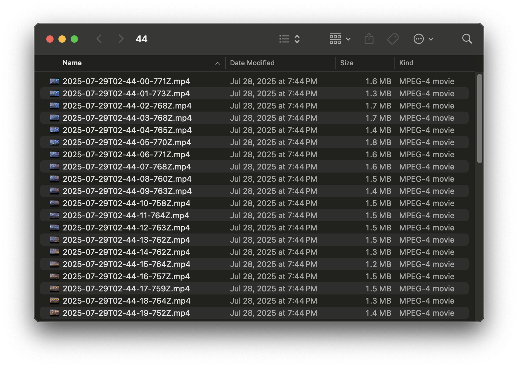 Screenshot of a folder full of one-second MP4 files.