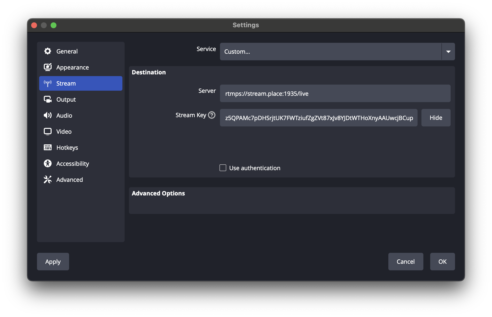 Screenshot of OBS showing a connection to stream.place with a stream key.