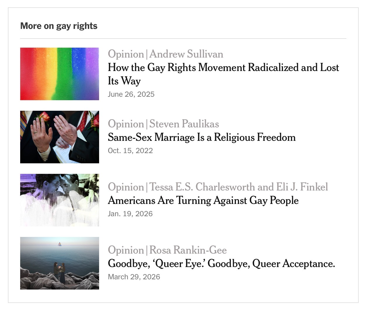 A list of recent New York Times editorial pieces about queer people, most of which oppose the label “queer,” but in the Times own copyrighting they use “gay” and “queer” interchangeably, sort of giving away their game.