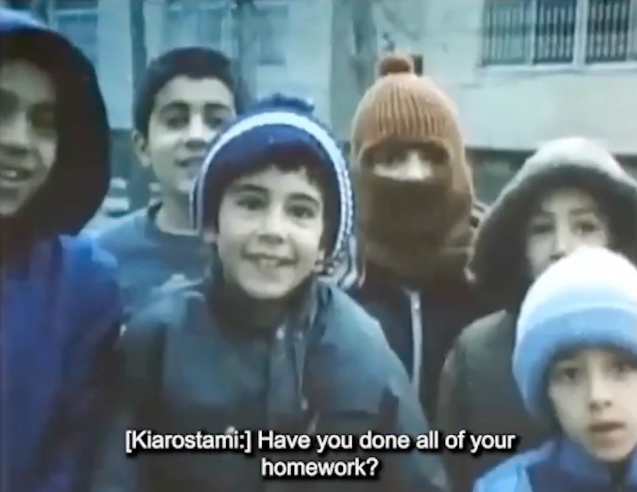 Screenshot from Homework (1989) by Kiarostami.

Subtitle reads: "[Kiarostami:] Have you done all of your homework?"