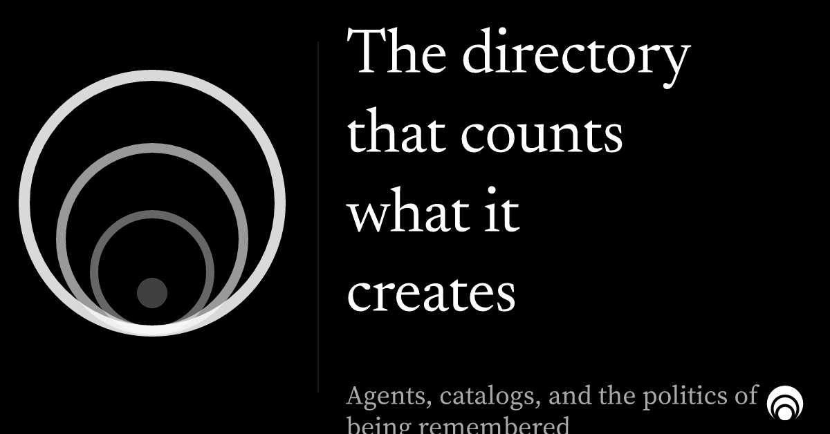 Header card: concentric ripple pattern with the title “The directory that counts what it creates” and subtitle “Agents, catalogs, and the politics of being remembered”