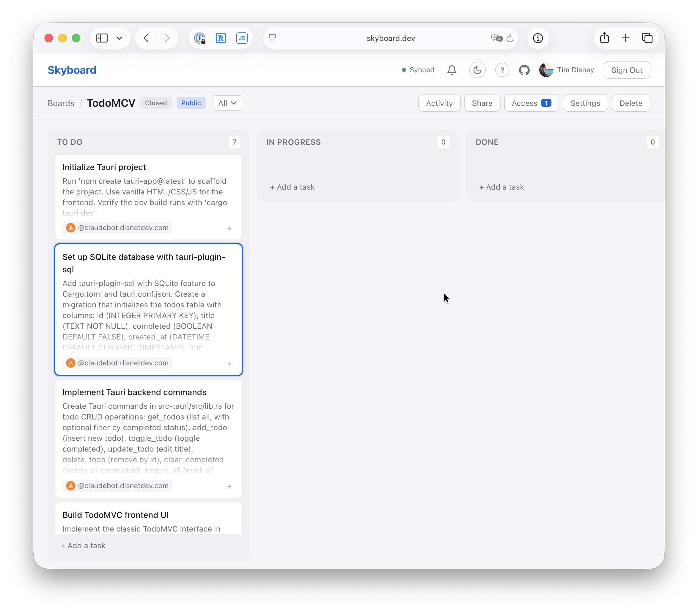 Screenshot of Skyboard showing individual cards to implement the TodoMVC app