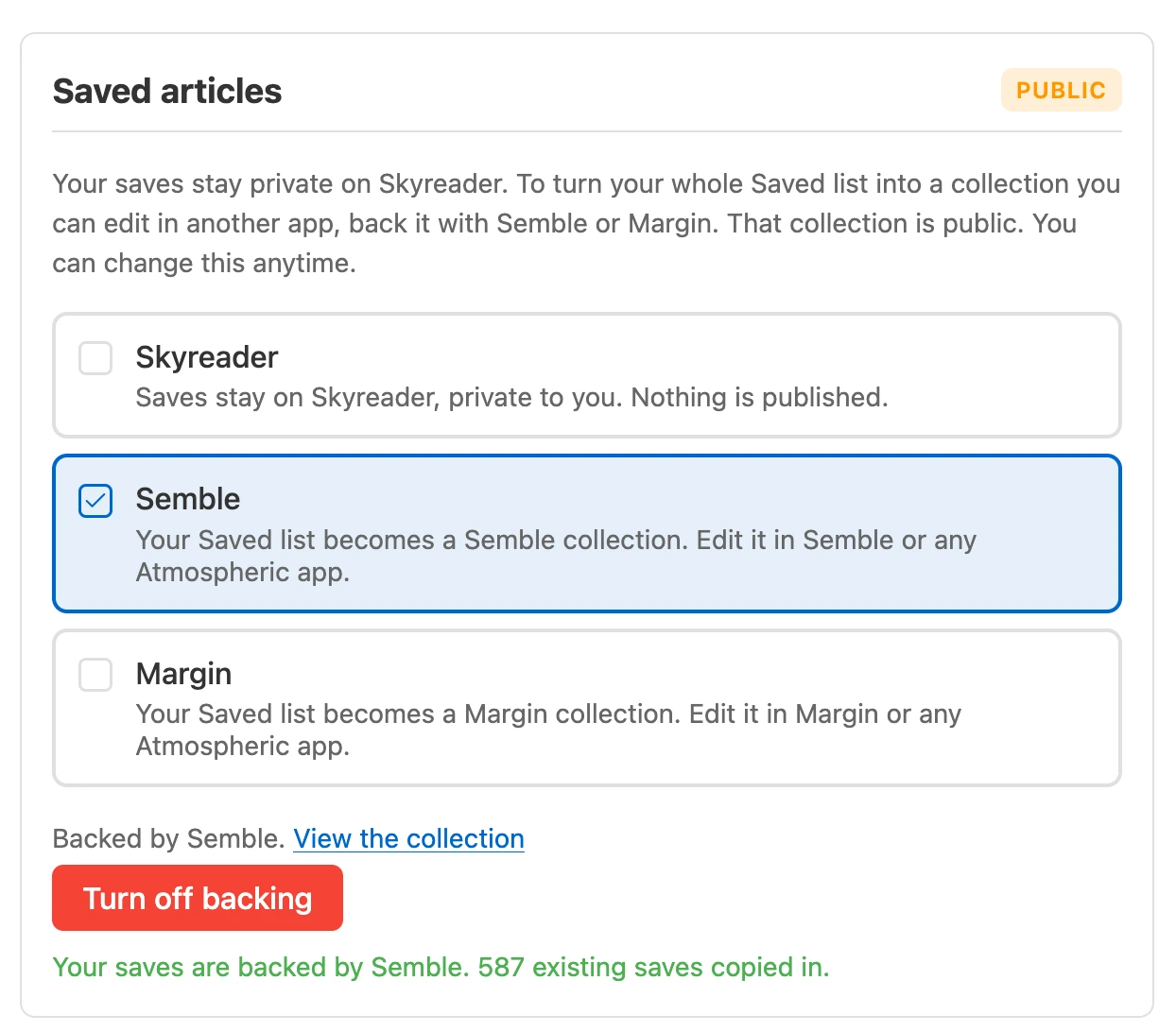 Screenshot of Skyreader settings page with Semble selected for saved articles