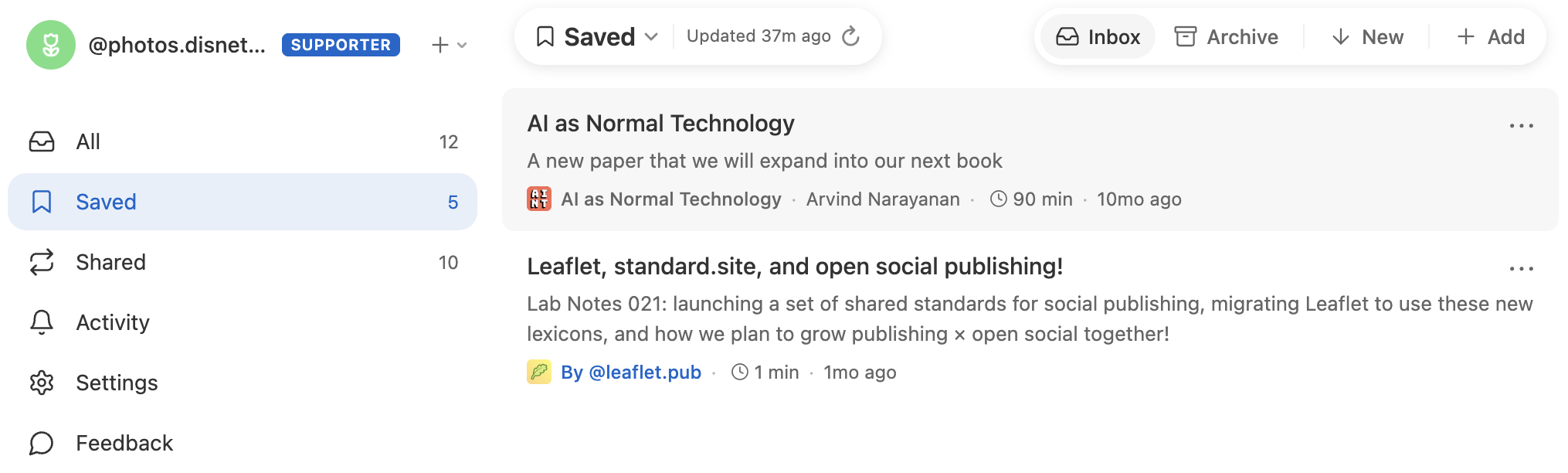 Screenshot of the Saved list