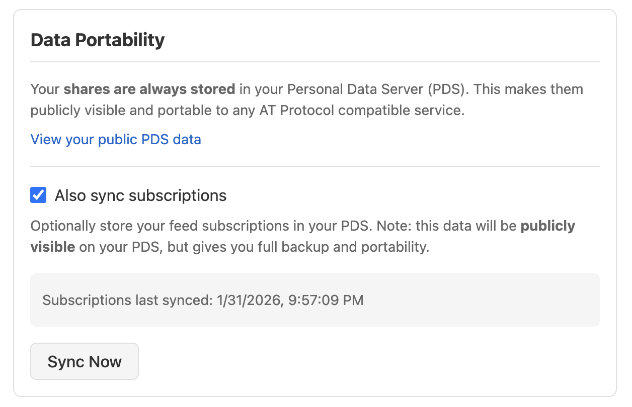 Screenshot of the opt-in public subscription syncing