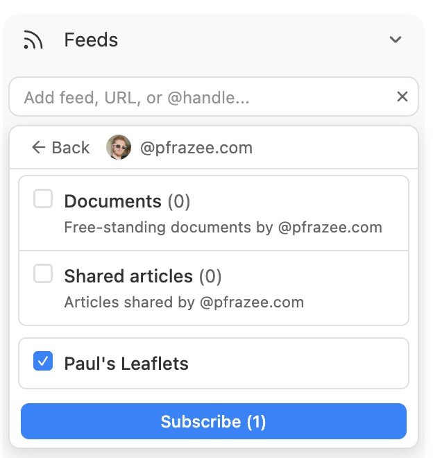 Screenshot showing feeds associated with @pfrazee.com that you can subscribe to