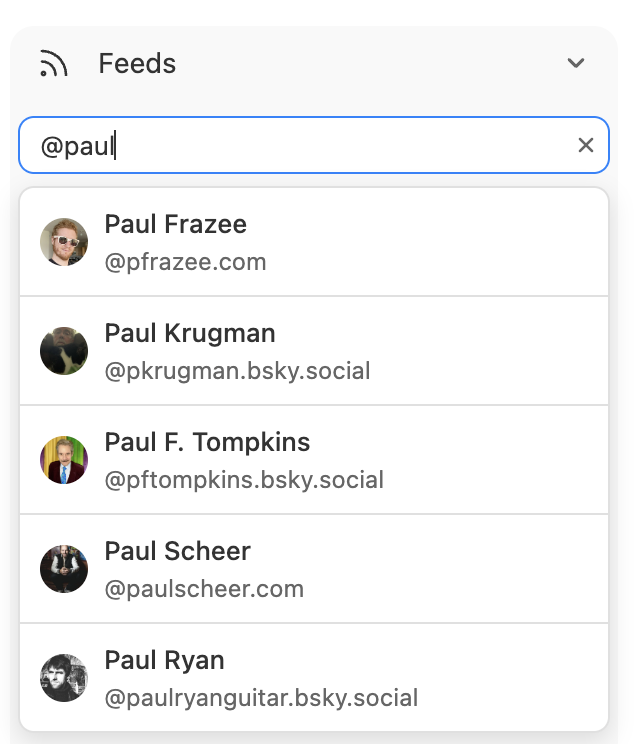Screenshot showing a search for @paul and a list of results