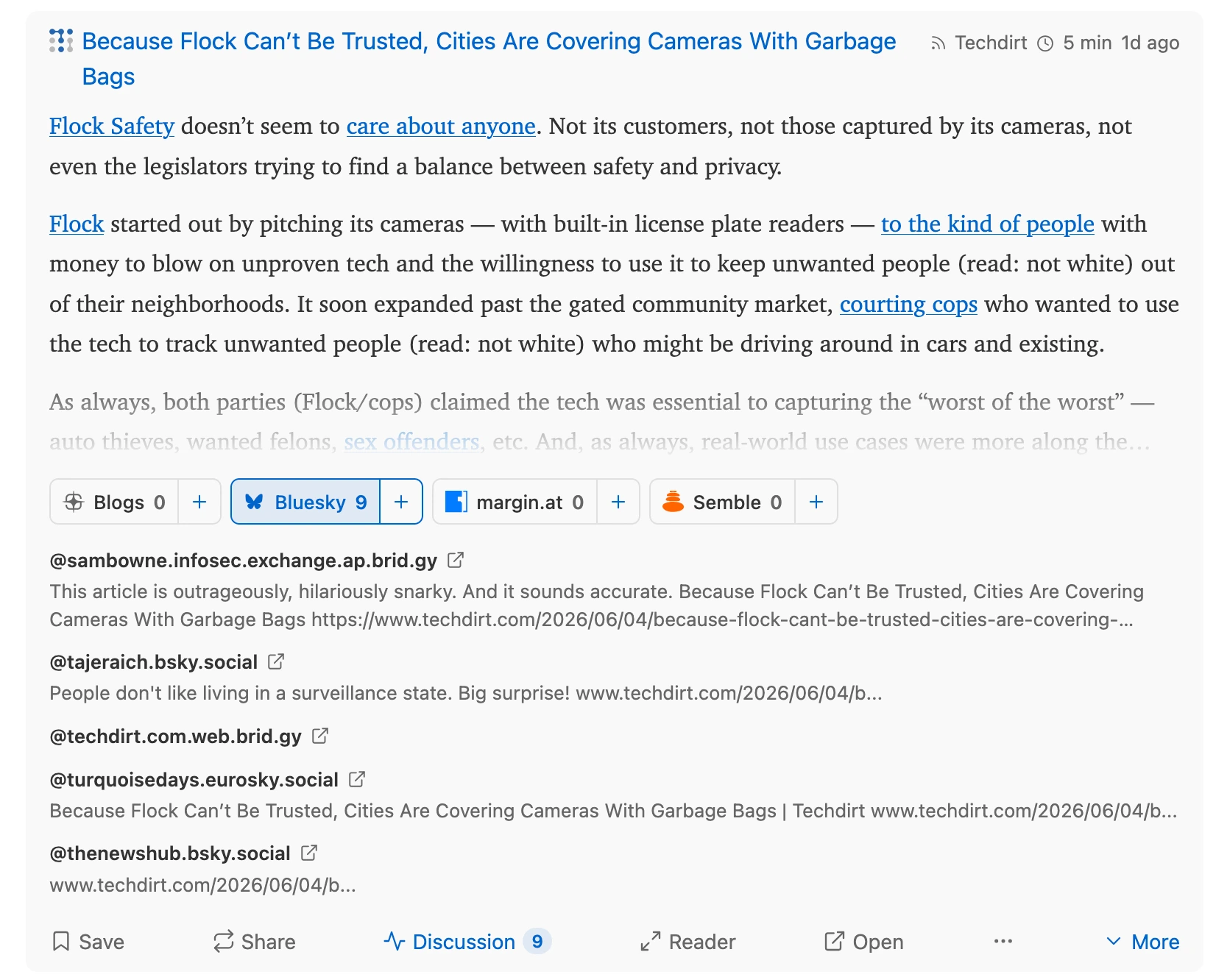 Discussion controls showing Bluesky posts about an article