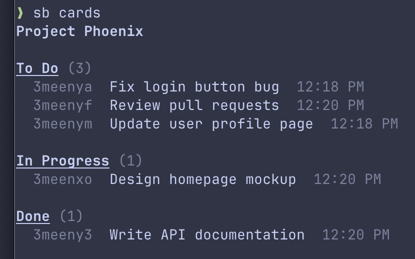 Screenshot of formatted output from the Skyboard cli app