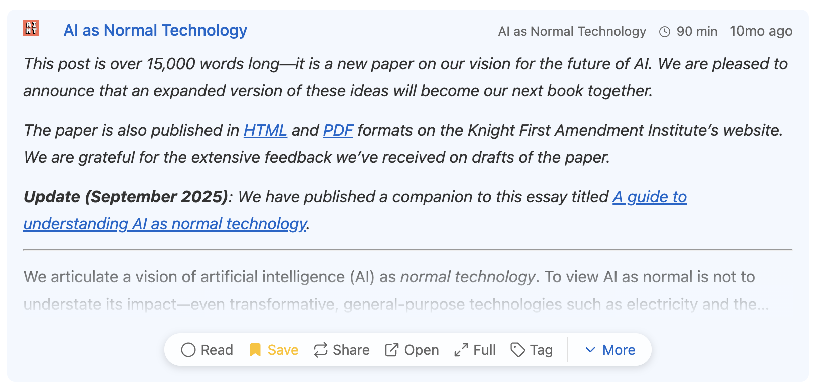 Screenshot of an article with the Save button toggled