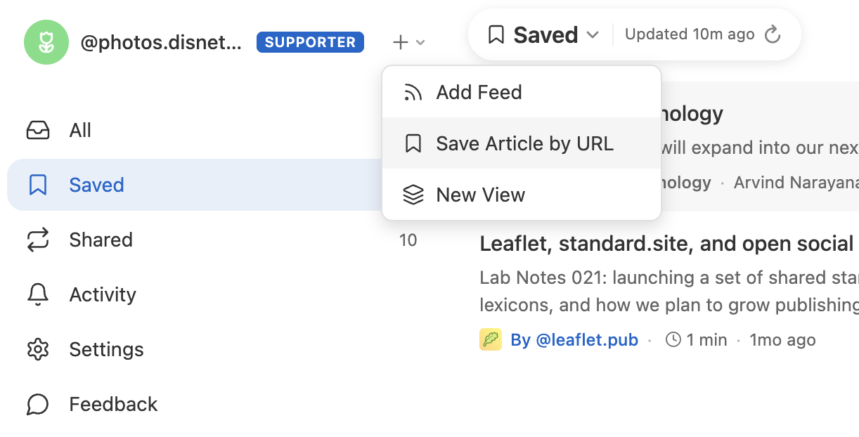 Screenshot of the add menu open with options to save an article by URL