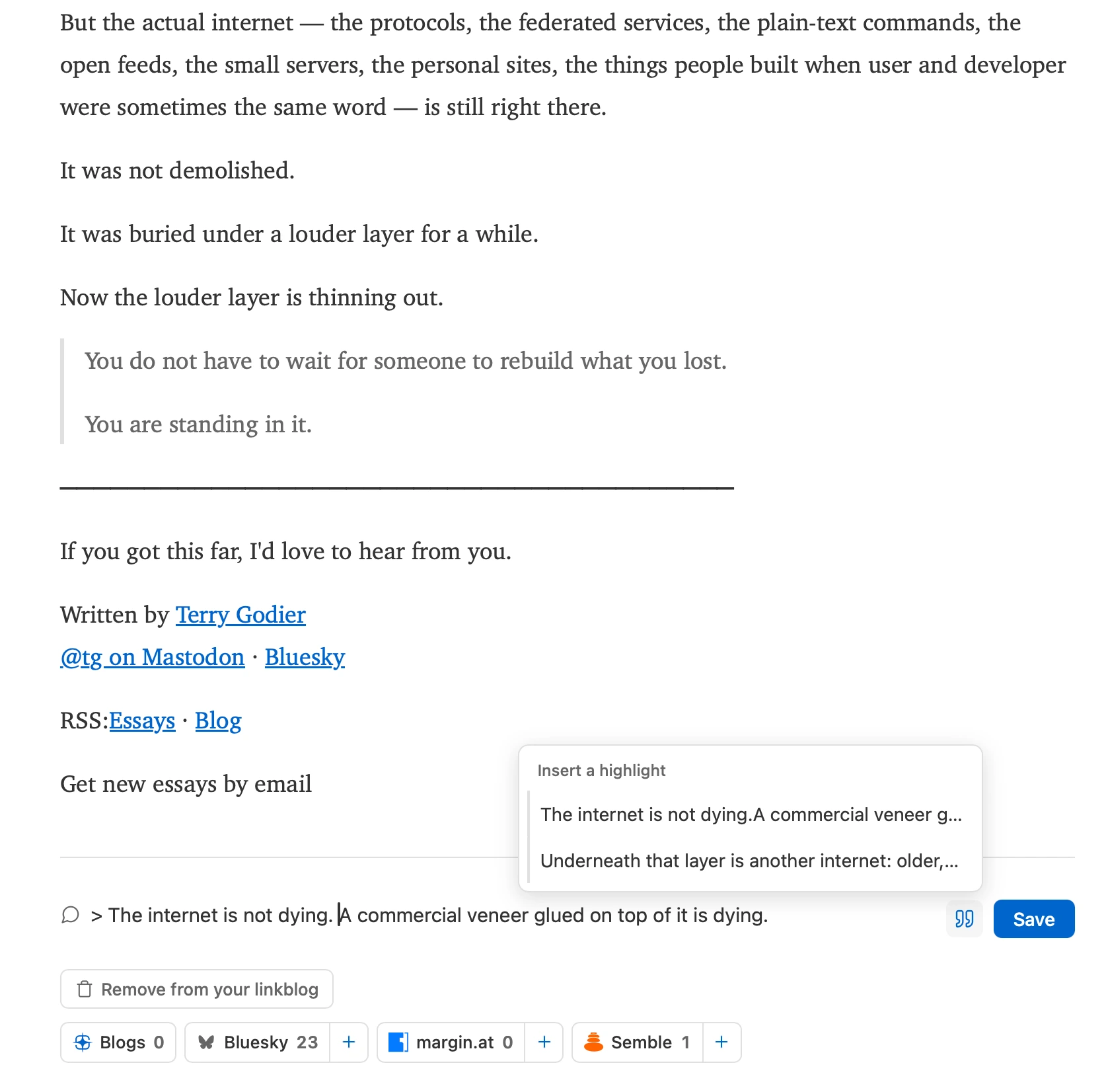 screenshot of inserting a highlight in a share