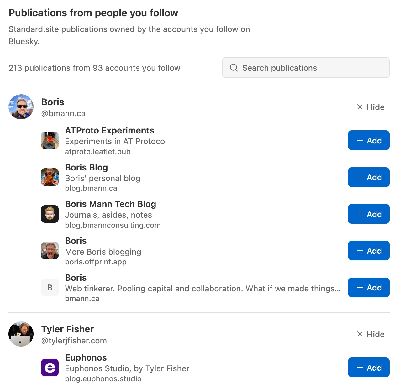 Discover page showing publications from accounts you follow