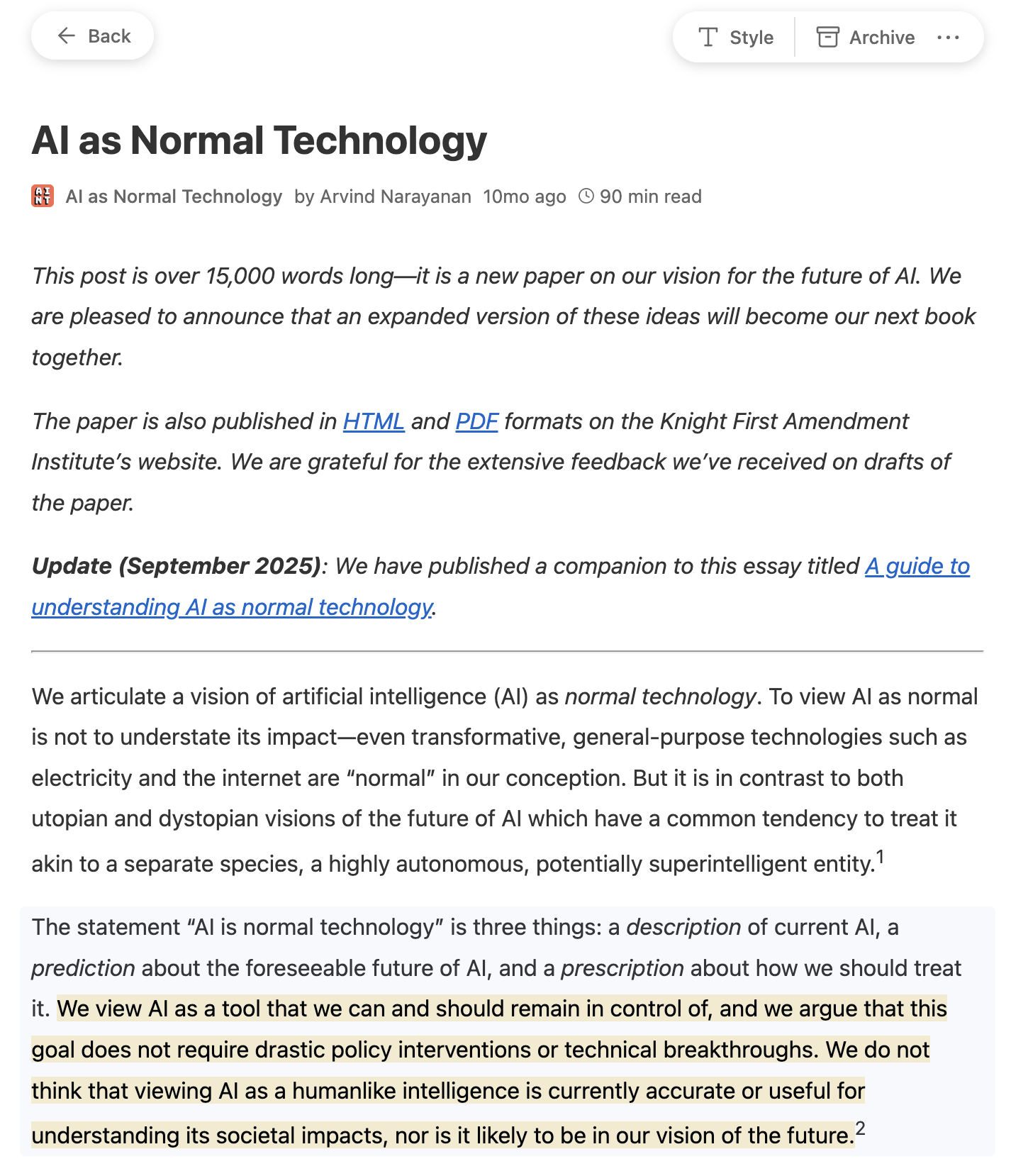 Screenshot of an article with a selection highlighted