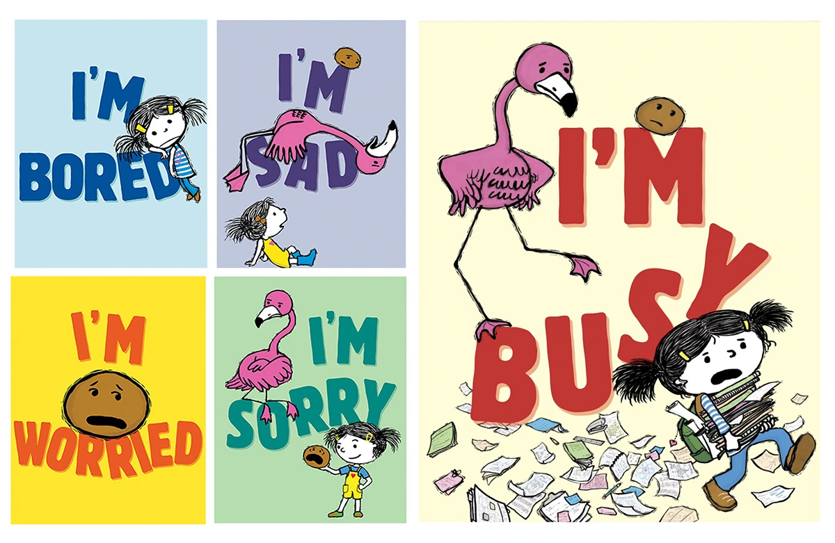 Five book covers are shown in a collage. Four smaller covers on the left read “I’m Bored,” “I’m Sad,” “I’m Worried,” and “I’m Sorry,” each featuring a child and/or a pink flamingo. A larger cover on the right reads “I’m Busy,” showing a pink flamingo, a child carrying a stack of books, and papers scattered across the ground.