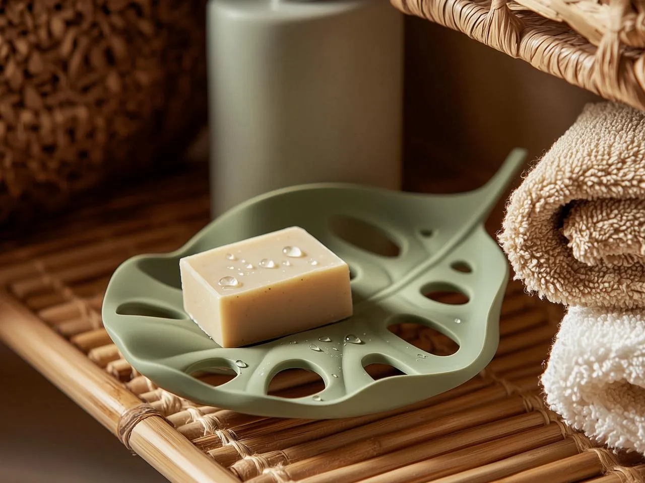 A bar of soap covered in water droplets sits atop a 3d printed monstera leaf soap dish.