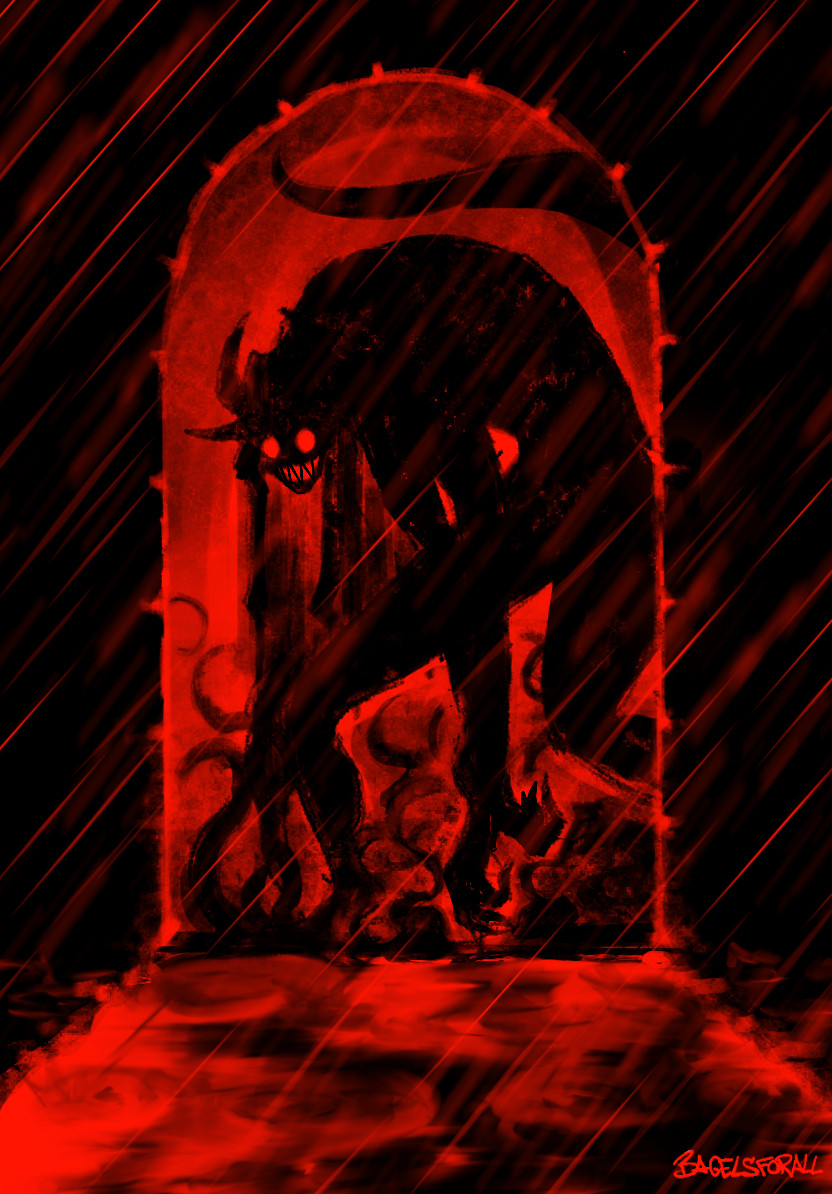 The silhouette of a demon like creature sits inside of a doorway, grinning. 