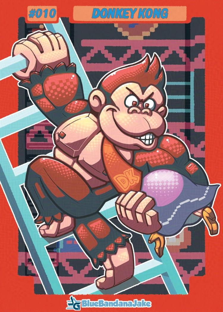 Donkey Kong carries Pauline on a blue ladder, sneering behind him.
