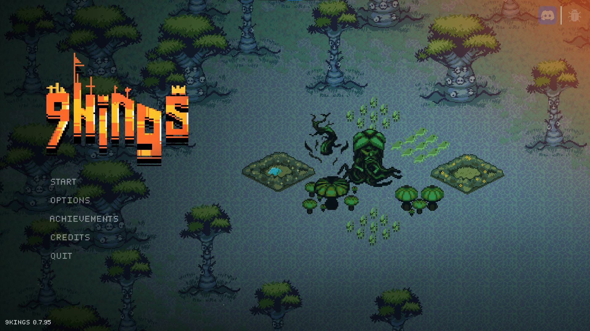 The title screen of the game "9Kings" after playing the King of Nature. Various green trees, mushrooms, roots, etc. fill the composition in a pixel art style.