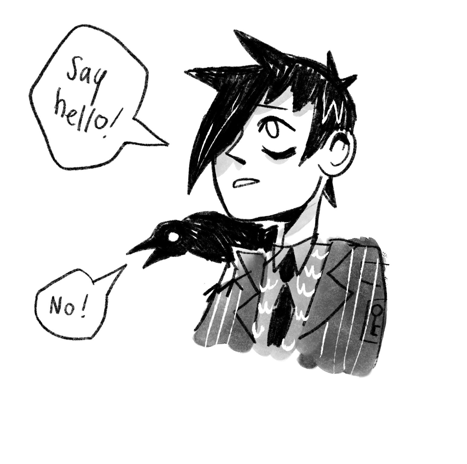 Illustration of a man with a crow on his shoulder. A speech bubble near the man says, "Say hello!" and a speech bubble near the crow says, "No!".