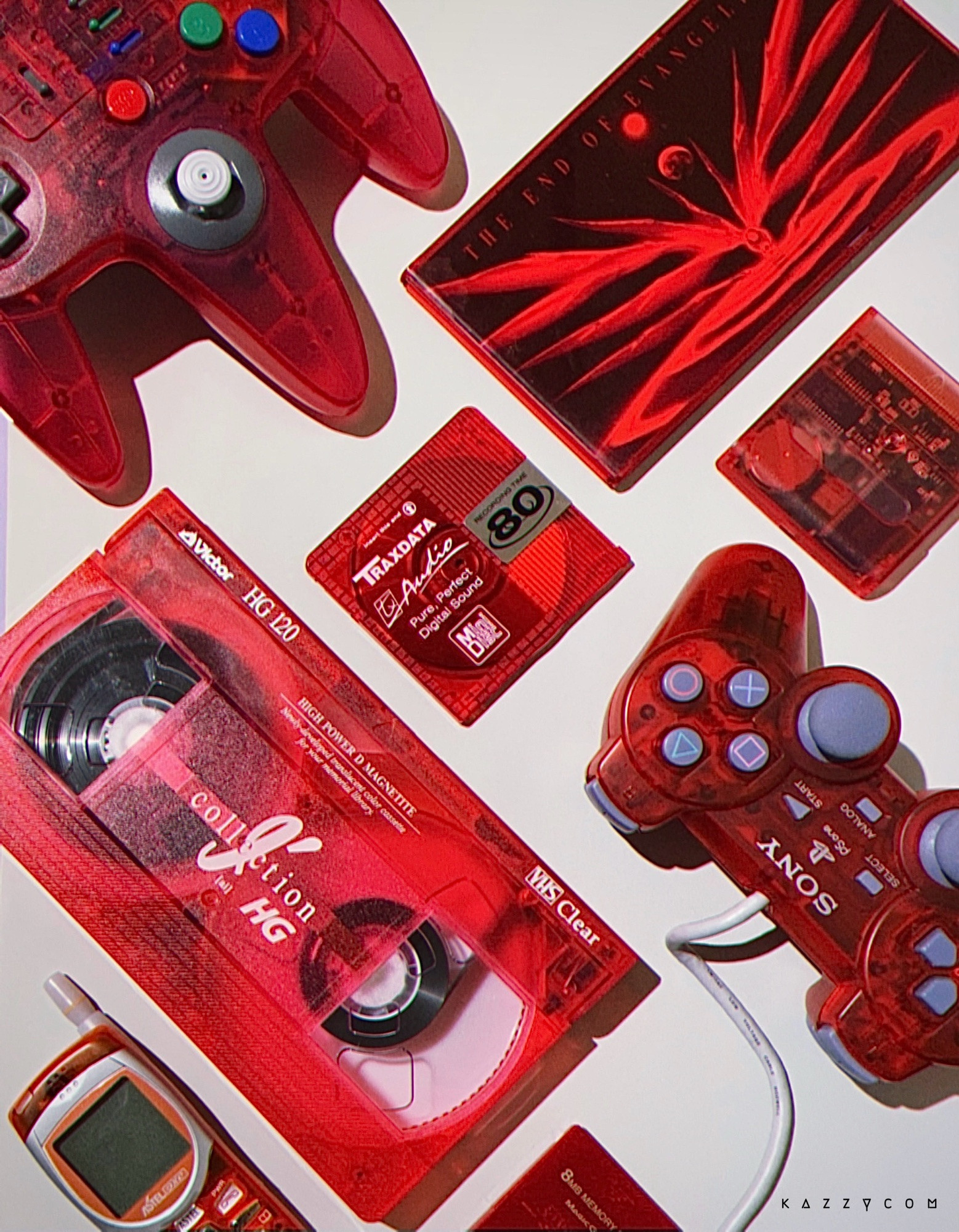 An arrangement of retro tech including a VHS tape, Nintendo 64 controller, and  a cell phone. All of the items have a red translucent housing.