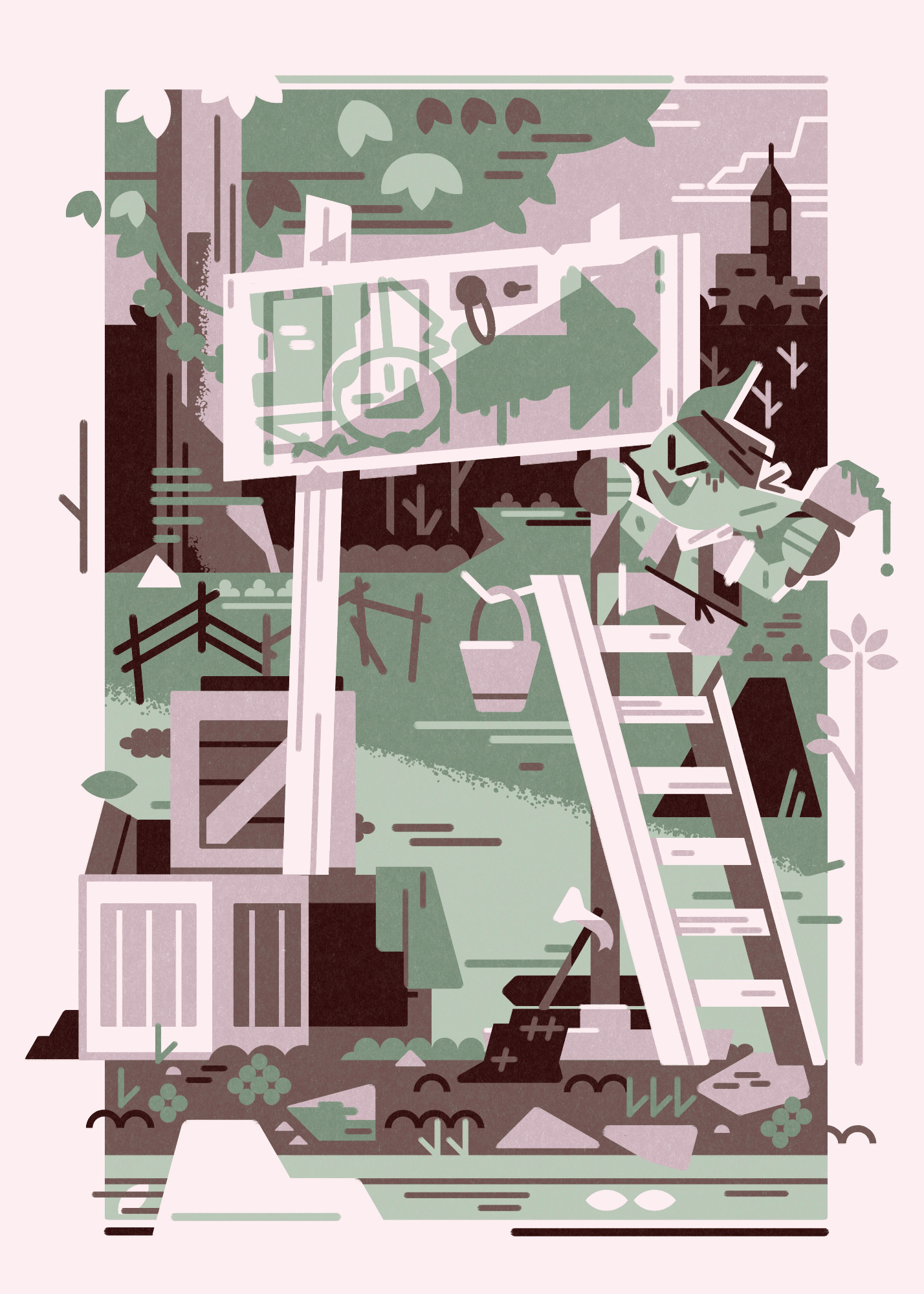 In brown grey and green, an entrepreneurial goblin stands on a ladder with paintbrush in hand, working on a ramshackle wordless sign advertising his shops location on a reclaimed door.