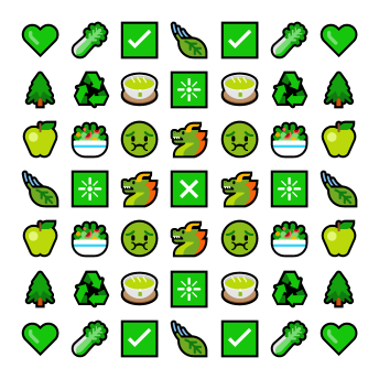 Emojis arranged in a mandala pattern. The emojis featured are a heart, leafy green, check mark, leaf, tea, recycle symbol, salad, apple, X, dragon, tree,  nauseated face, and sparkle.