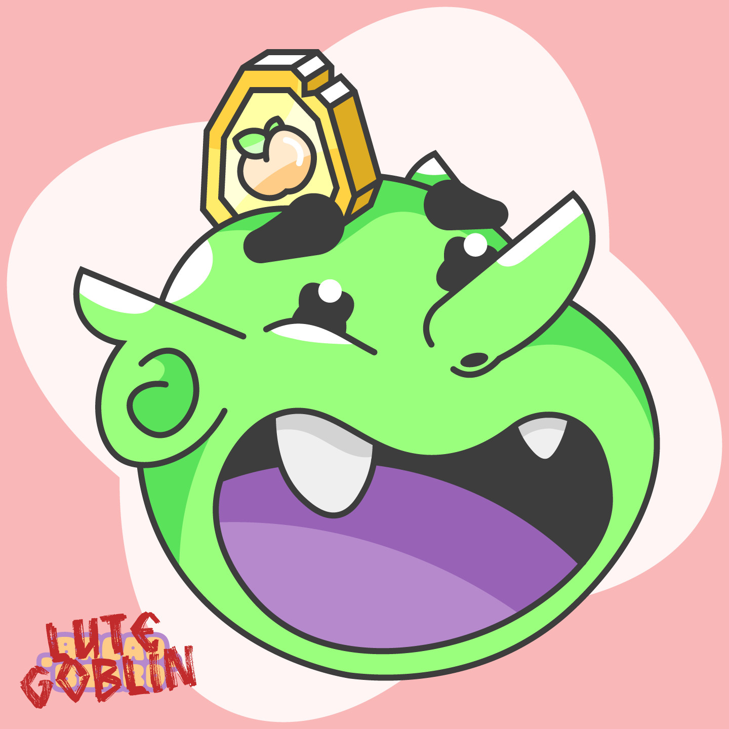 A green goblin character smiling wide with a purple tongue. A coin with a peach sits embedded on his head. The lower left text reads "Lute Goblin" in red marker.