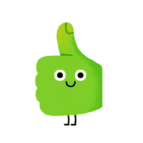 A smiling green thumbs up character.