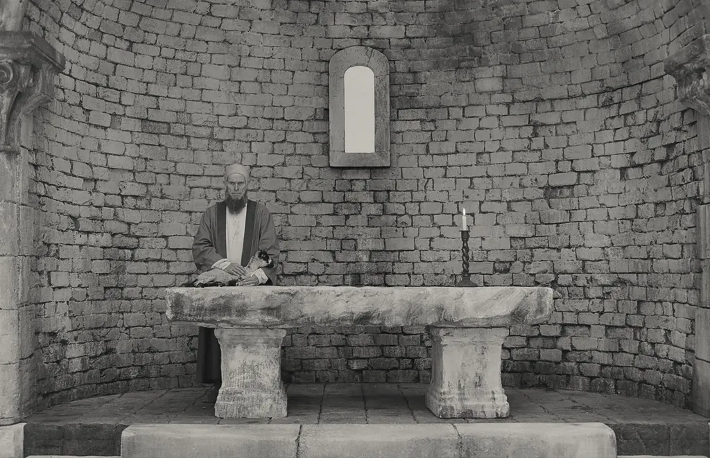 A black and white scene in one of Korda's visions. He is about to be judged by God, who is sitting across behind a marble table.
