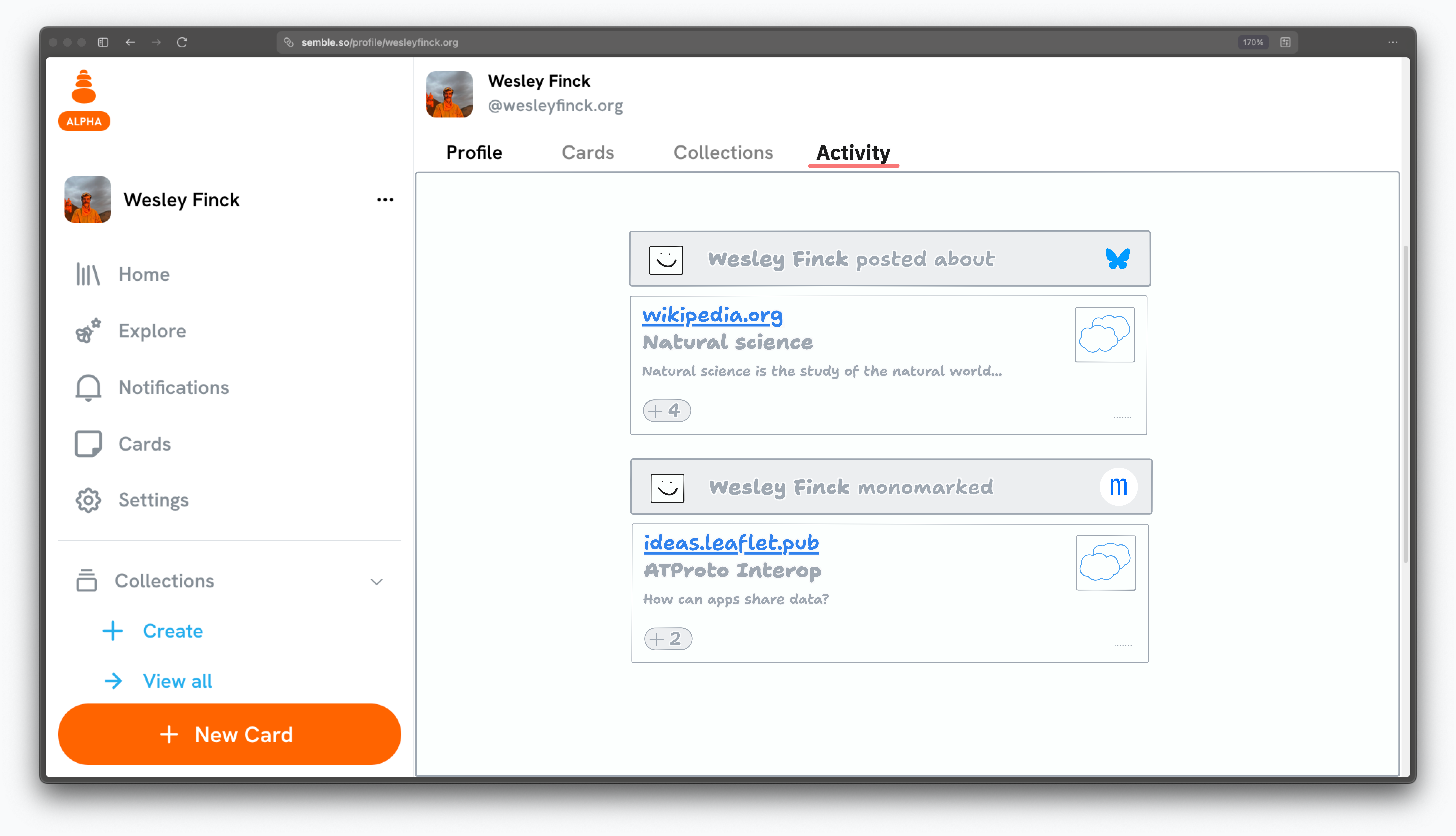 a mockup of an activity tab on a semble profile showing the same activities as above